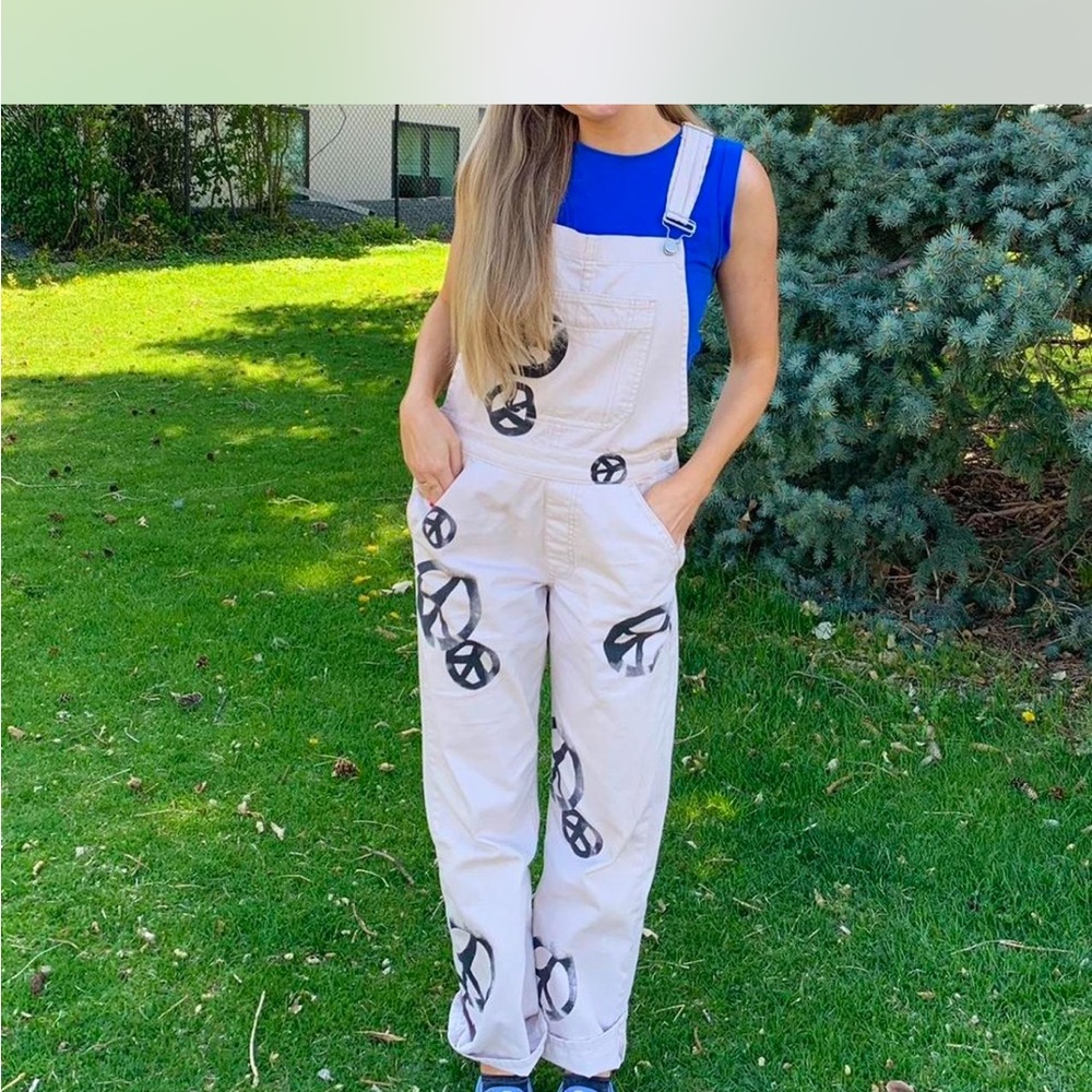Free People White Overalls with Peace Sign Print